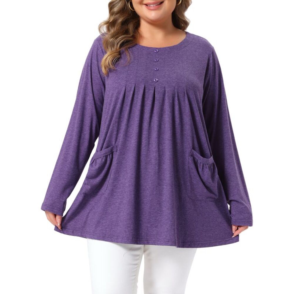 Women Plus Size Crew Neck Front Pleated Knit Blouses Purple